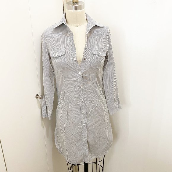 SALE 🔥2/$20🔥 Costa Blanca Long Cotton Stripe Button Shirt Dress S White Grey - Picture 1 of 10